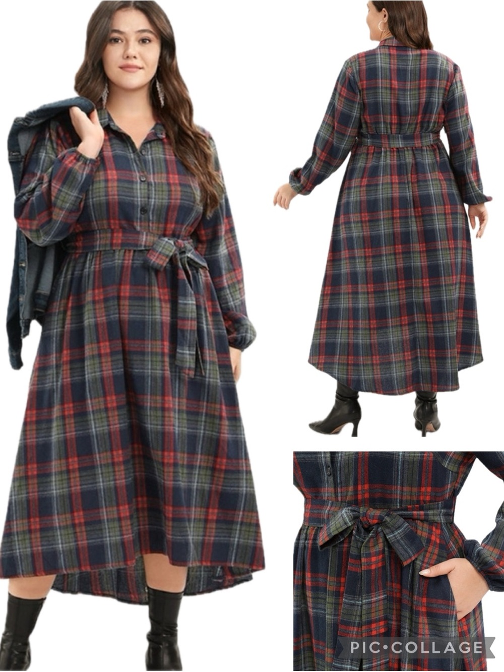 BLOOMCHIC Multi Plaid Button Front Belted Long Sleeve Arc Hemline Midi Dress